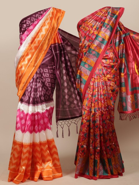 

Pothys Pack of 2 Multicoloured & Red Geometric Printed Jute Silk Saree, Multi