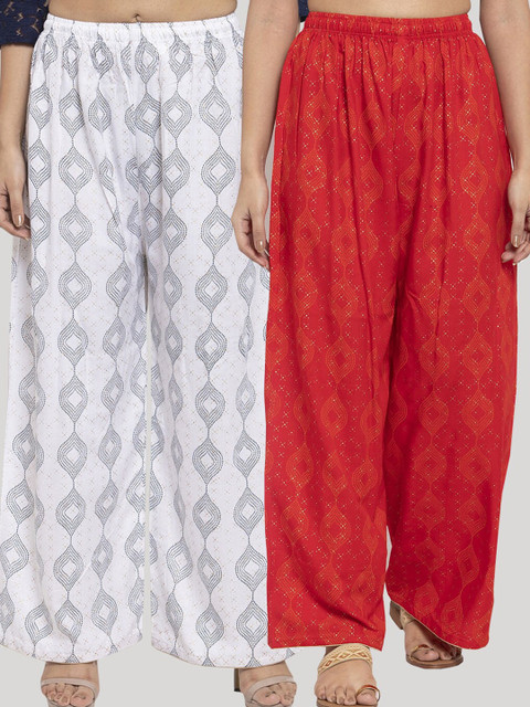 

Clora Creation Women Pack Of 2 White & Red Printed Knitted Ethnic Palazzos
