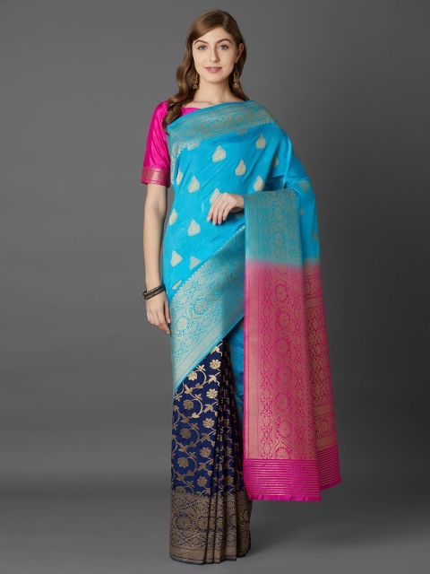 

Mitera Navy Blue & Pink Ethnic Motifs Zari Silk Blend Half and Half Banarasi Saree