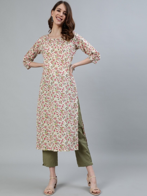 

AASI - HOUSE OF NAYO Women Cream Floral Printed Keyhole Neck Kurta