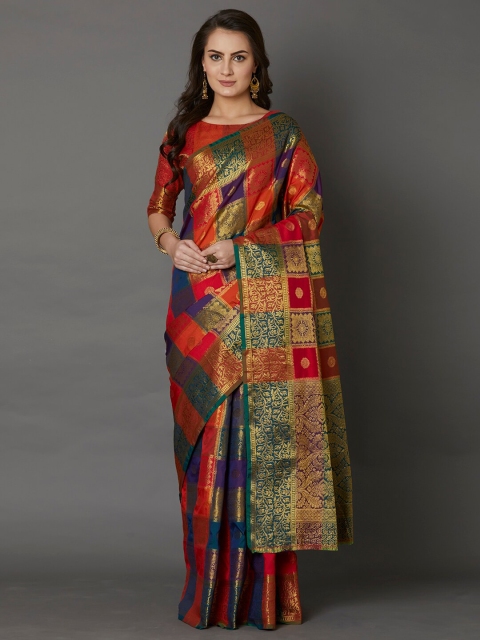 

Mitera Green & Orange Ethnic Motifs Zari Silk Blend Banarasi Saree