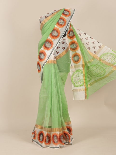 

Pothys Green & Orange Ethnic Motifs Zari Saree