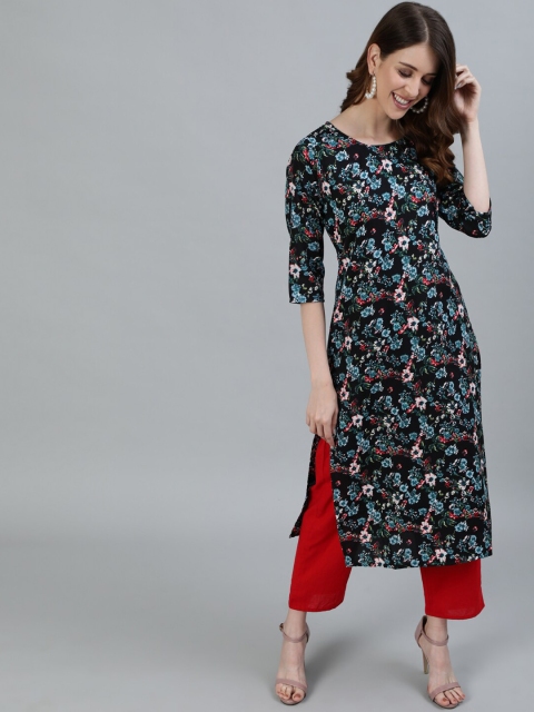 

AASI - HOUSE OF NAYO Women Black & Blue Floral Printed Floral Crepe Kurta