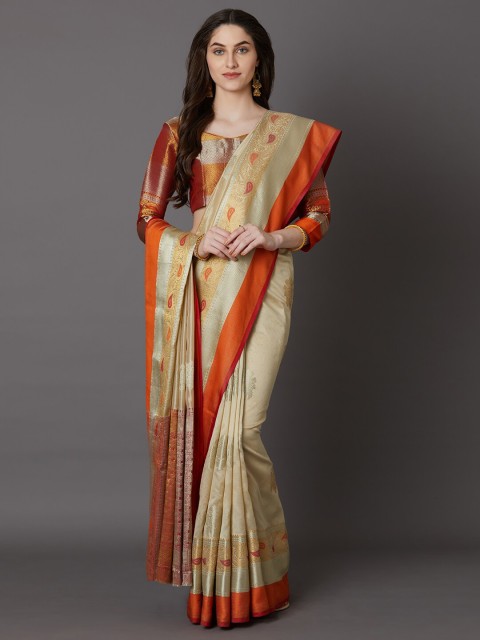

Mitera Beige & Orange Woven Design Zari Silk Blend Banarasi Saree