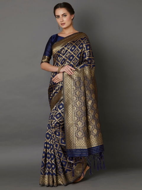 

Mitera Navy Blue & Gold-Toned Woven Design Zari Silk Blend Banarasi Saree