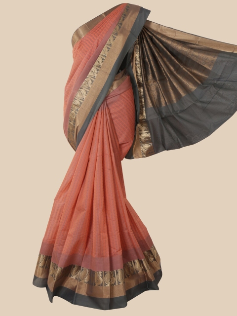 

Pothys Peach & Grey Checked Pure Silk Kanjeevaram Saree