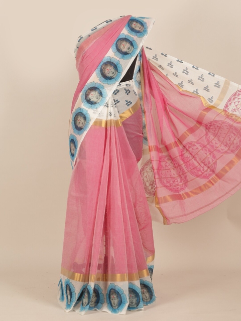 

Pothys Pink & White Ethnic Motifs Zari Saree