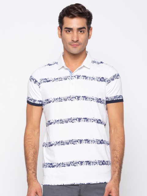 

SPYKAR Men White Striped Polo Collar Slim Fit T-shirt