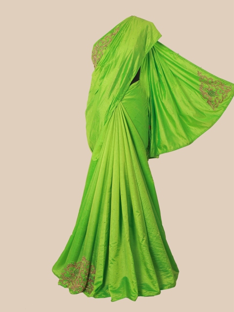 

Pothys Green & Gold-Toned Ethnic Motifs Zardozi Art Silk Saree
