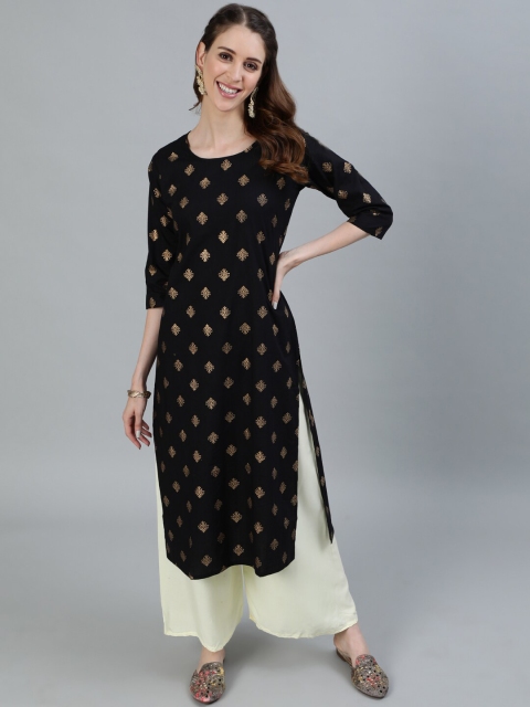 

AASI - HOUSE OF NAYO Women Black & Gold-Toned Ethnic Motifs Printed Kurta