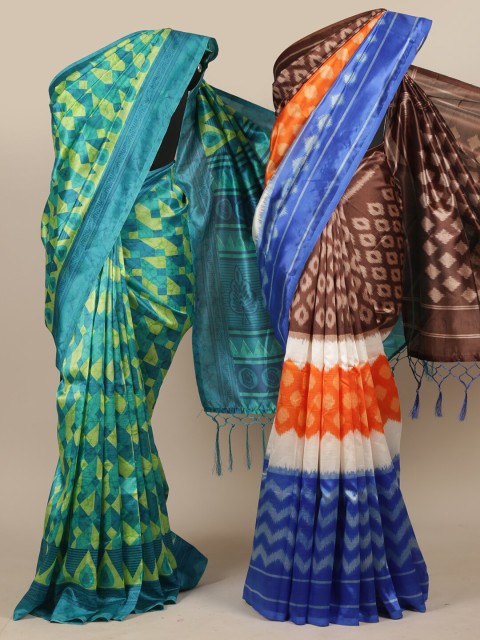 

Pothys Pack Of 2 Green & Brown Printed Jute Silk Saree