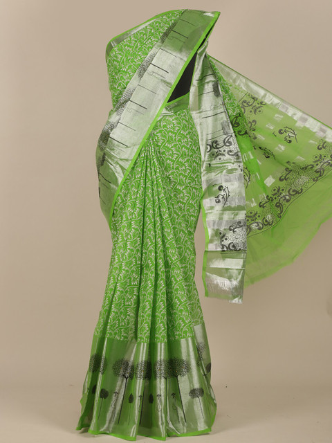 

Pothys Green & Silver-Toned Floral Zari Saree