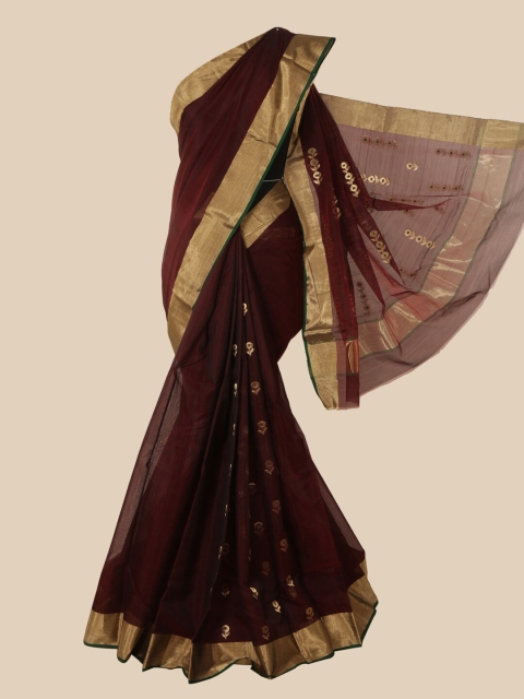

Pothys Maroon & Gold-Toned Ethnic Motifs Zari Pure Silk Maheshwari Saree