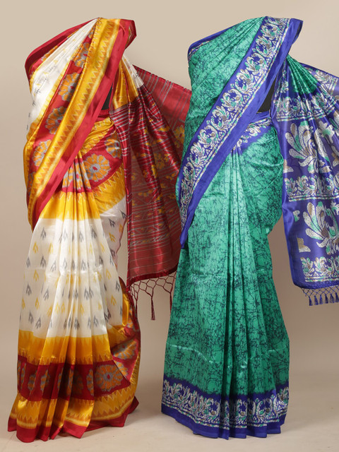 

Pothys Pack Of 2 Mustard Yellow & Green Ethnic Motifs Printed Jute Silk Sarees, Multi