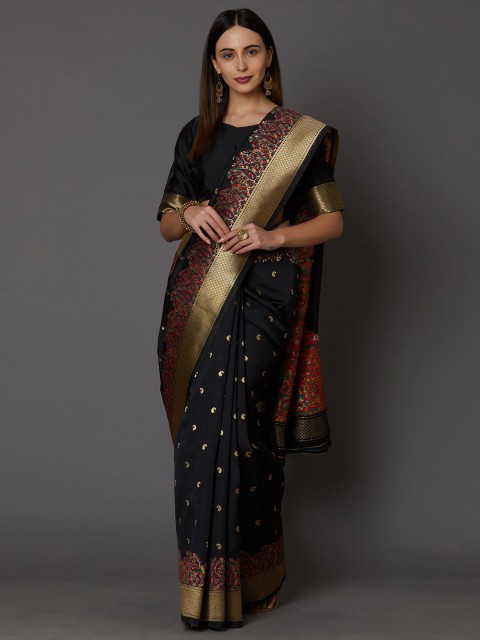 

Mitera Black & Gold-Toned Woven Design Silk Blend Banarasi Saree