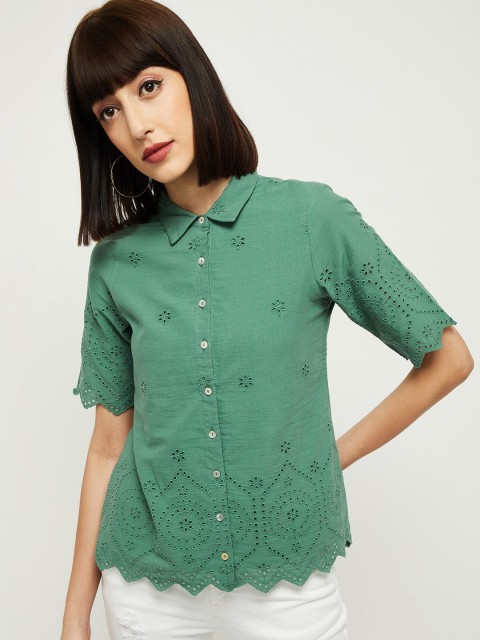 

max Women Green Schiffli Detailed Regular Fit Cotton Casual Shirt