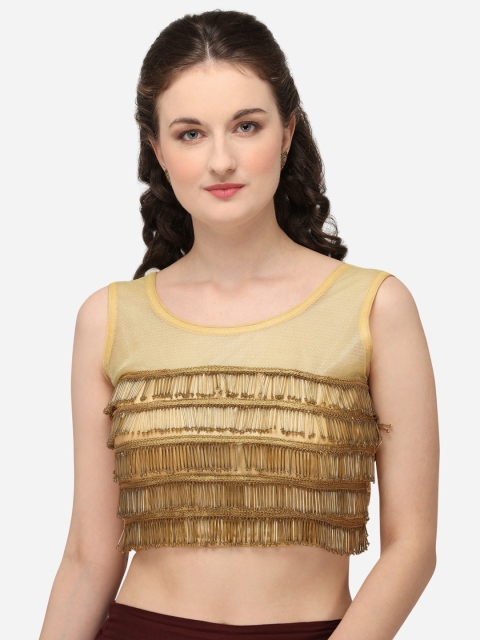 

Fab Dadu Women Beige Solid Silk Satin Banglori And Net Saree Blouse