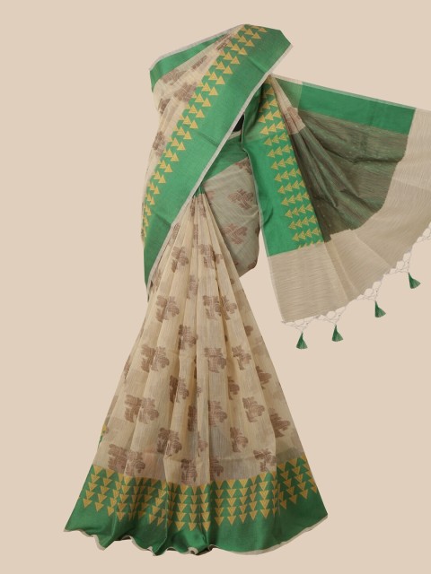 

Pothys Women Cream & Green Woven Design Manipuri Cotton Saree