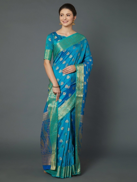 

Mitera Blue & Gold-Toned Ethnic Motifs Zari Silk Blend Banarasi Saree