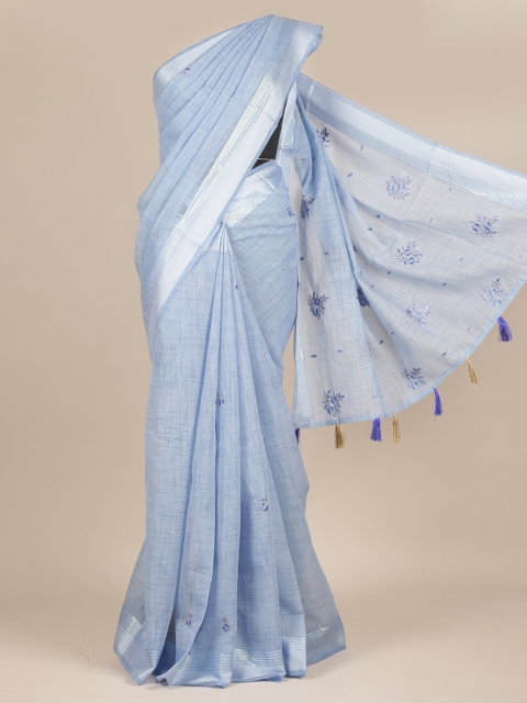

Pothys Blue & Silver-Toned Checked Embroidered Pure Cotton Saree