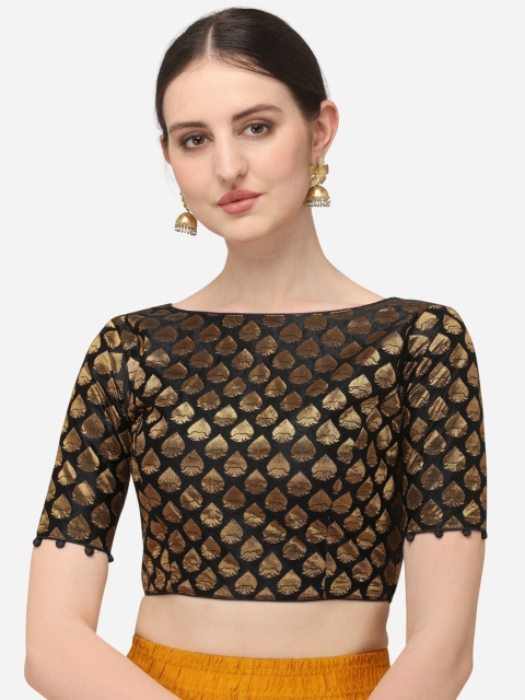 

Fab Dadu Black & Gold-Coloured Woven-Design Jacquard Silk Saree Blouse