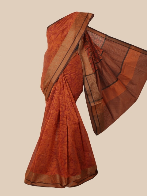 

Pothys Orange & Brown Ethnic Motifs Zari Chanderi Saree