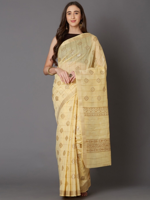 

Mitera Yellow & Gold-Toned Woven Design Saree