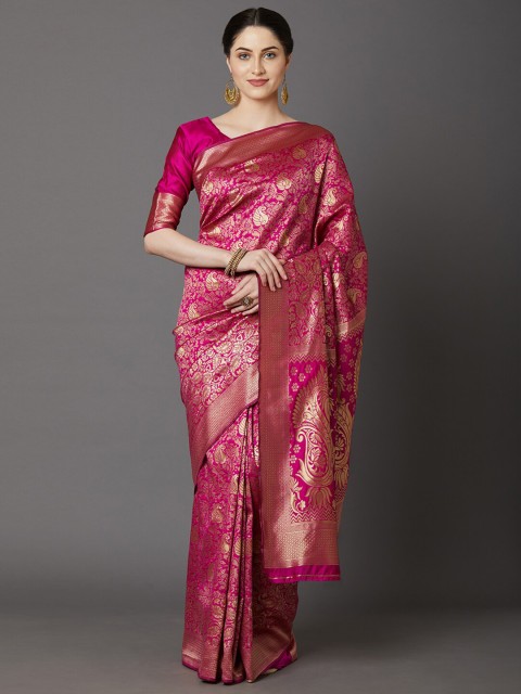 

Mitera Pink & Gold-Toned Paisley Zari Silk Blend Banarasi Saree