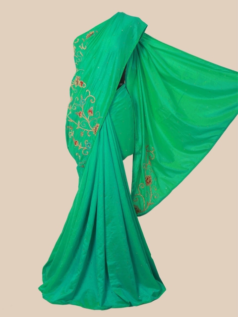 

Pothys Green & Gold Toned Embellished Beads and Stones Art Silk Saree