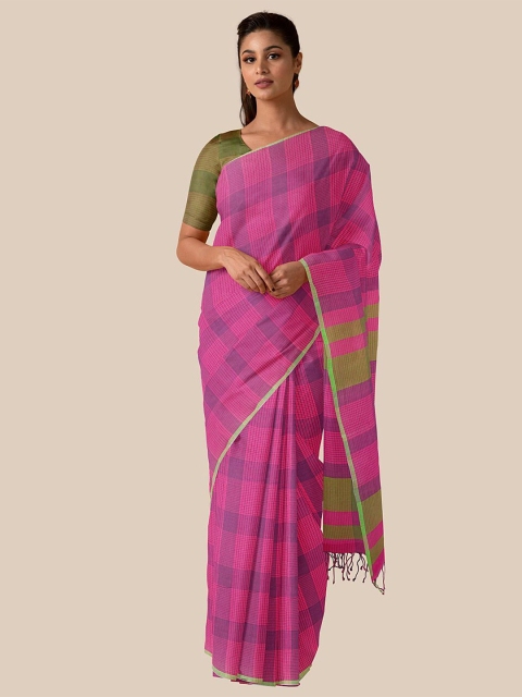 

Taneira Pink & Purple Checked Pure Cotton Taant Saree