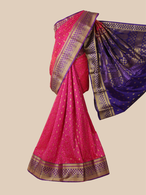 

Pothys Pink & Navy Blue Ethnic Motifs Zari Satin Banarasi Saree