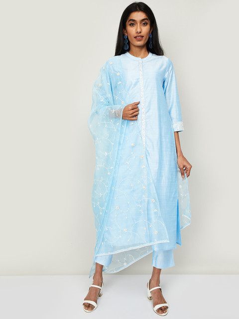

Melange by Lifestyle Women Blue Embroidered Straight Kurta with Trousers & Dupatta