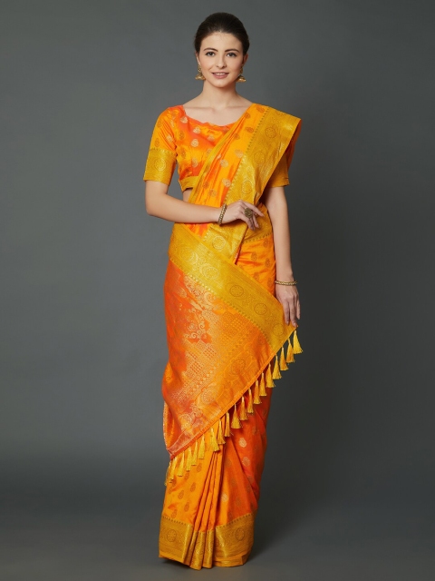 

Mitera Orange & Gold-Toned Floral Zari Silk Blend Saree