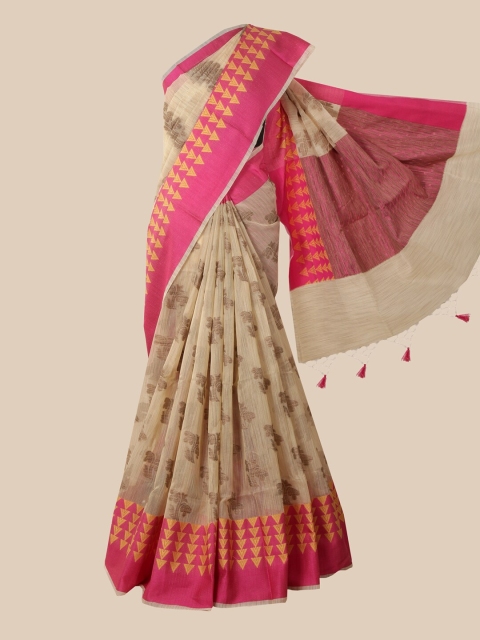 

Pothys Cream Coloured & Pink Manipuri Cotton Ethnic Motifs Saree