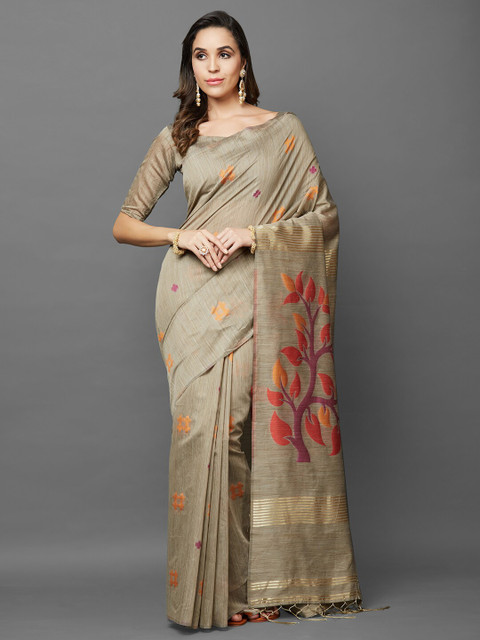 

Mitera Brown & Pink Floral Zari Silk Cotton Saree