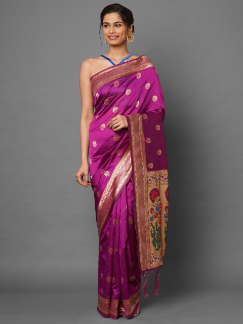 

Mitera Magenta & Gold-Toned Woven Design Silk Blend Banarasi Saree