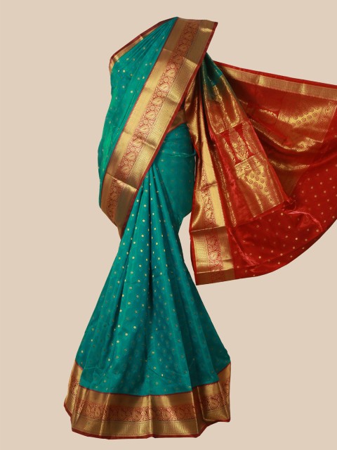 

Pothys Turquoise Blue & Gold-Toned Ethnic Motifs Satin Banarasi Saree