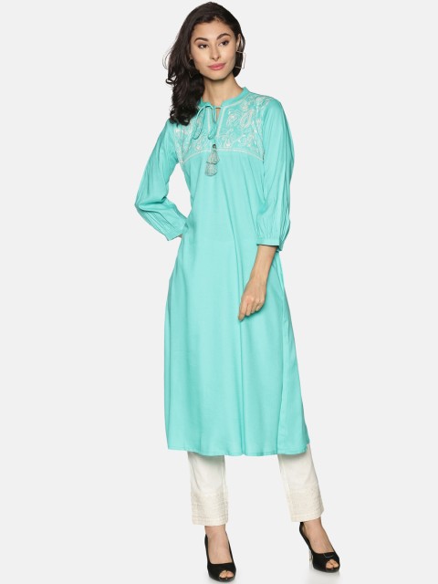 

Saffron Threads Women Turquoise Blue Embroidered Kurta with Trousers