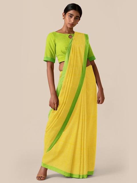 

Taneira Yellow & Green Checked Pure Cotton Taant Saree