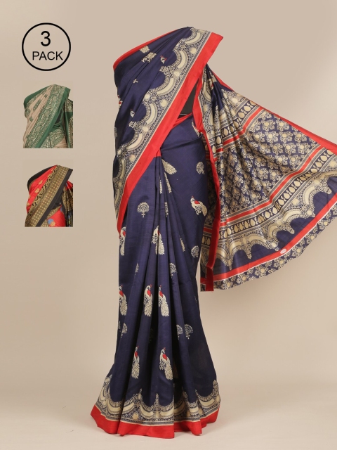

Pothys Pack of 3 Ethnic Motifs Jute Silk Saree, Blue