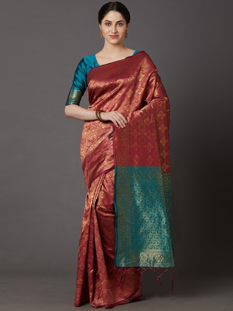 

Mitera Maroon & Green Floral Zari Silk Blend Banarasi Saree