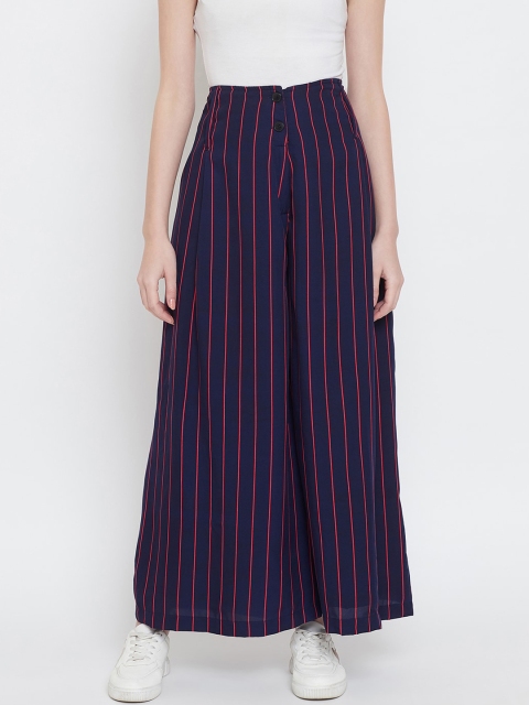 

TULIP 21 Women Navy Blue Striped Flared High-Rise Pleated Parallel Trousers