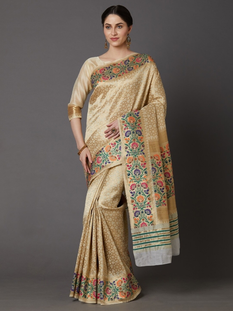 

Mitera Beige & Purple Woven Design Zari Silk Blend Banarasi Saree