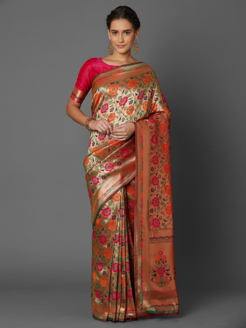 

Mitera Gold & Pink Woven Design Zari Silk Blend Banarasi Saree