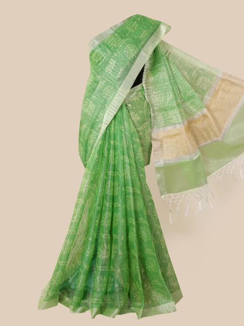 

Pothys Green & Silver-Toned Floral Tissue Saree