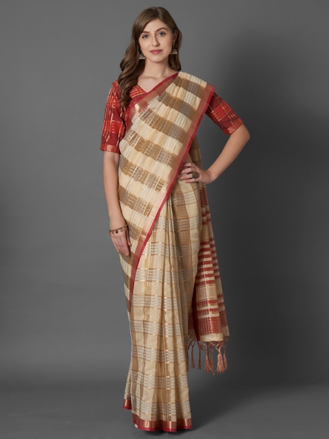 

Mitera Cream & Gold-Toned Checked Zari Linen Blend Banarasi Saree