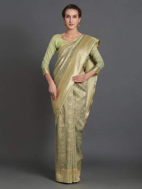 

Mitera Beige & Green Ethnic Motifs Silk Blend Banarasi Saree