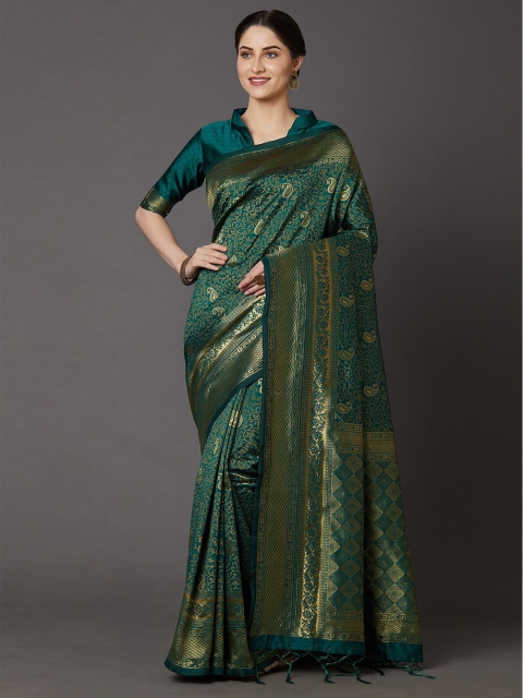 

Mitera Green & Gold-Toned Woven Design Gotta Patti Silk Blend Banarasi Saree