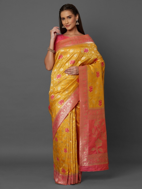 

Mitera Yellow & Pink Woven Design Zari Silk Blend Banarasi Saree