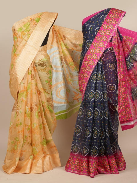 

Pothys Cream & Green Floral& Navy Blue Zari Jute Silk Saree-pack of 2